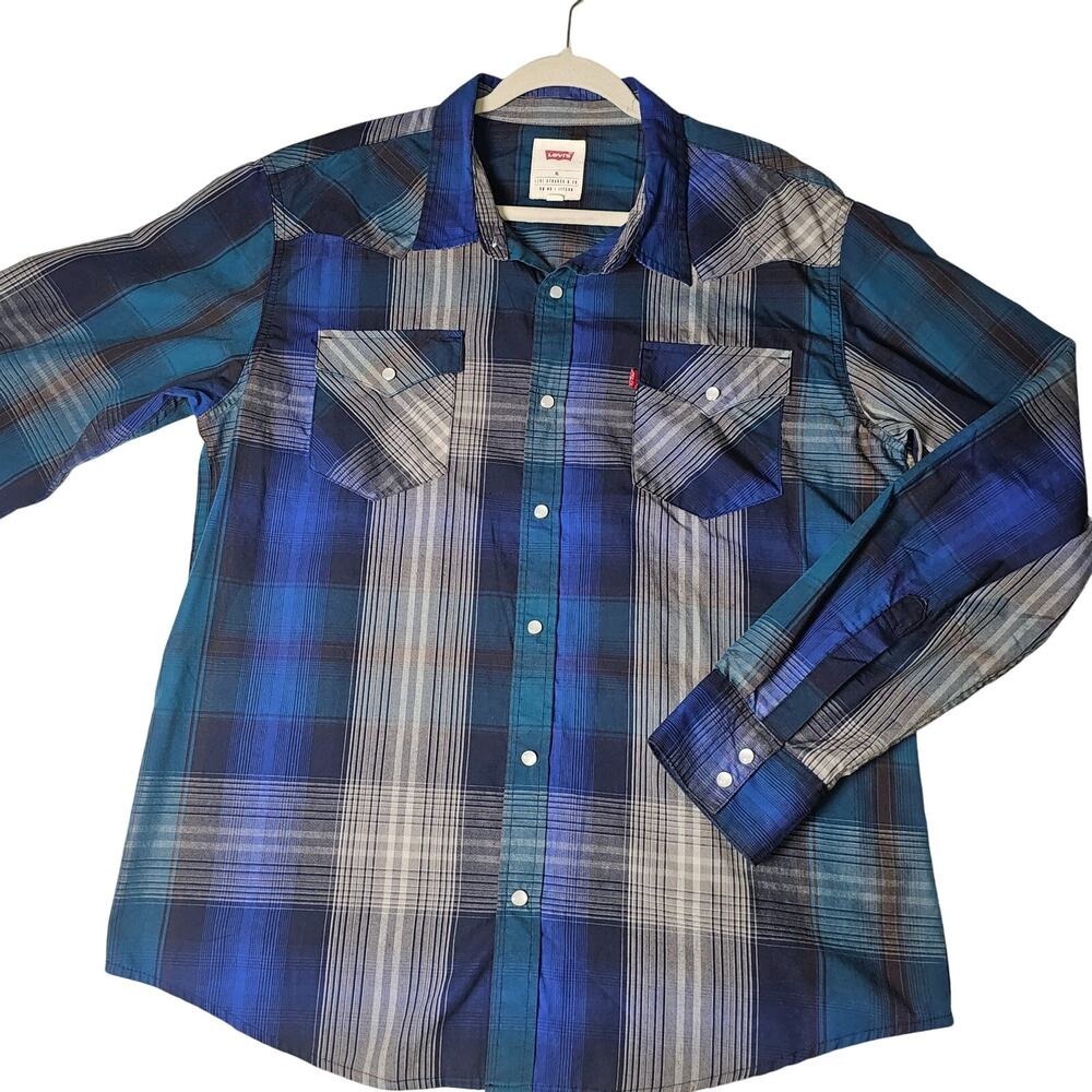 Levis Western Snap Up Collared Shirt Blue Gray and Black Size XL PTP 23 Lgth 30